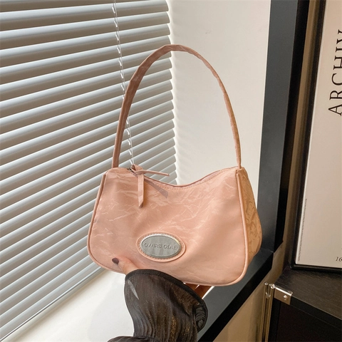 Bolso de Nailon Para Mujer Color Sólido Minimalista Urbano Moda Bolso de Hombro Verano Casual De Mano Con Placa Metálica