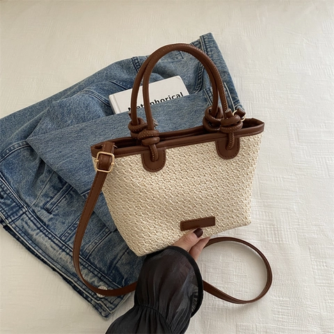 Summer Beach Style Straw Woven Handbag For Women Personalized Crossbody Shoulder Bag With PU Leather Handle Knot Detail