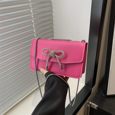 Women Rhinestone Bow PU Leather Shoulder Bag Fashion Small Square Crossbody Bag With Silver Metal Chain Strap Handbag