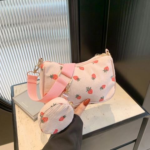 Women Minimalist Strawberry Print Corduroy Shoulder Bag With Coin Purse Casual Large Capacity Crossbody Underarm Bag Daily