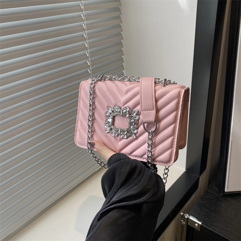 Fashion Women Quilted Small Square Bag Luxury Rhinestone Buckle Chain Strap Crossbody Shoulder Bag PU Leather Party Purse
