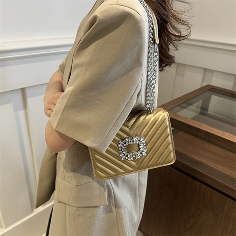 Fashion Women Quilted Small Square Bag Luxury Rhinestone Buckle Chain Strap Crossbody Shoulder Bag PU Leather Party Purse