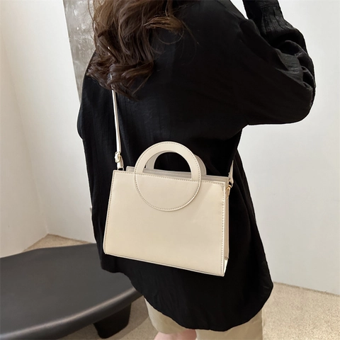 Borsa Quadrata Piccola in Pelle PU Minimalista da Donna Borsa a Tracolla Vintage Tinta Unita Borsa a Mano Casuale Con Manico Rotondo