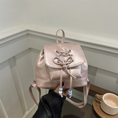 Mini Mochila de Moda de Cuero PU para Mujer Cordón Lazo Cuentas Acento Nacarado Casual Conmutar Pequeña Mochila Cuadrada