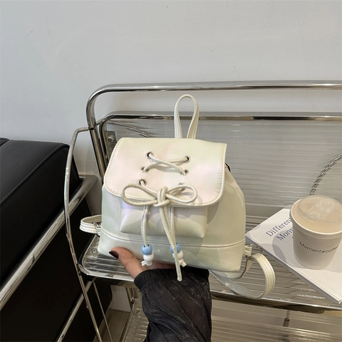 Mini Mochila de Moda de Cuero PU para Mujer Cordón Lazo Cuentas Acento Nacarado Casual Conmutar Pequeña Mochila Cuadrada