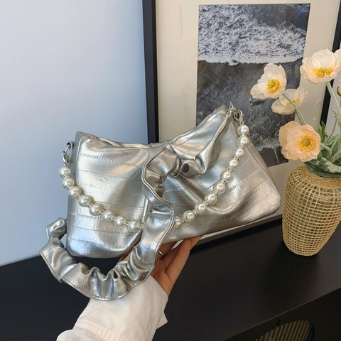 Fashion Women Pleated PU Leather Shoulder Bag With Artificial Pearl Chain Rhinestone Ruffle Underarm Handbag Daily Party