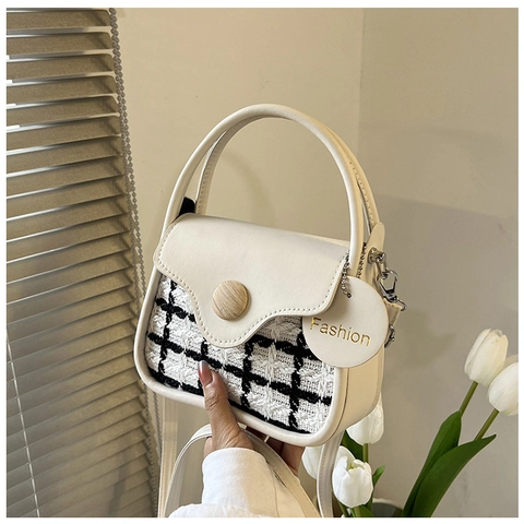 Vintage Plaid Tweed PU Leather Shoulder Bag For Women Fashion Small Square Crossbody Bag With Decorative Wooden Buckle