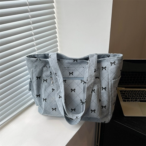 Schleife Cord Einkaufstasche Für Damen Gesteppt Große Kapazität Schultertasche Frisch Student Achselhöhle Handtasche Alltagstasche
