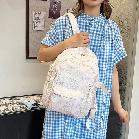 Simpatico Zaino in Nylon Con Stampa di Orso Cartone Animato per Donna Ragazza Zainetto Scolastico a Grande Capacità Casual Bianco