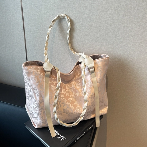 Elegant Floral Jacquard Tote Bag For Women Woven Handle Large Capacity Shoulder Bag Satin Ribbon Decoration Vintage Fashion Handbag