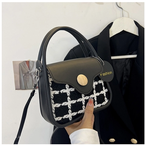 Vintage Plaid Tweed PU Leather Shoulder Bag For Women Fashion Small Square Crossbody Bag With Decorative Wooden Buckle