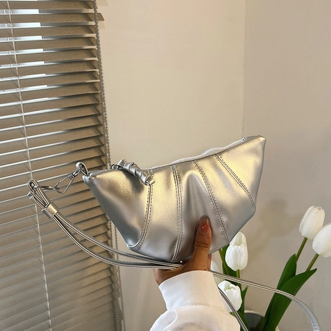 Women Urban Simple PU Leather Croissant Shoulder Bag Ruched Underarm Bag Fashion Trendy Solid Color Dumpling Bag For Everyday