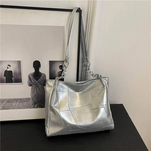 Women Large Capacity PU Leather Tote Bag Geometric Stitching Casual Shoulder Bag Metallic Fashion Commute Handbag