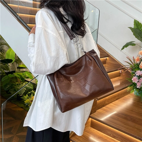 Women Large Capacity PU Leather Tote Bag Geometric Stitching Casual Shoulder Bag Metallic Fashion Commute Handbag