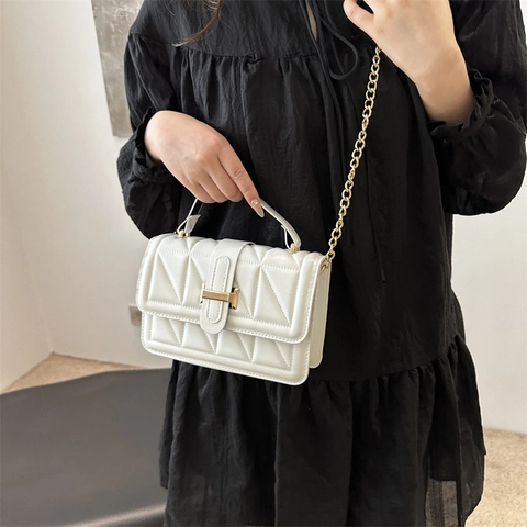 Women Quilted PU Leather Chain Shoulder Bag Geometric Triangle Square Crossbody Bag With Golden Hardware Top Handle Bag