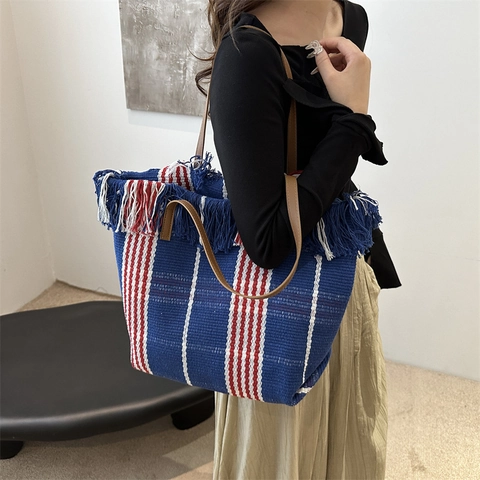 Borsa Tote in Tela Intrecciata di Grande Capacità da Donna Borsa da Spiaggia a Strisce Boémien con Nappe Borsa a Tracolla Casual per Vacanza