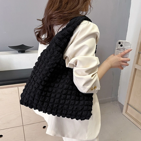 Borsa Tote da Donna alla Moda con Texture Popcorn Grande Capacità Borsa a Tracolla a Bolle Ruched Borsetta Minimalista da Giorno