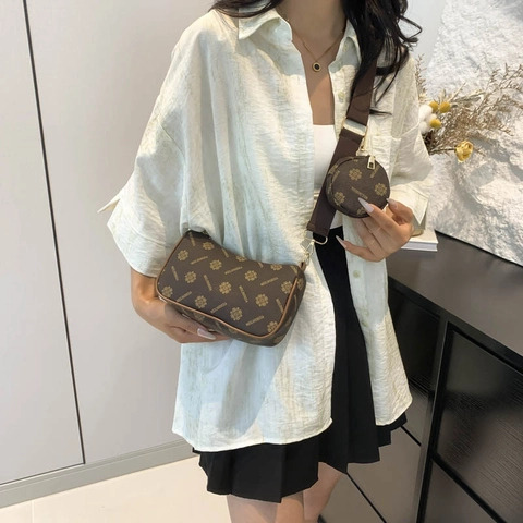 Damen Retro Monogramm Print PU Leder Achseltasche Und Runde Münzbörse 2-In-1 Casual Schulter Umhängetasche Mode Hobo Handtasche