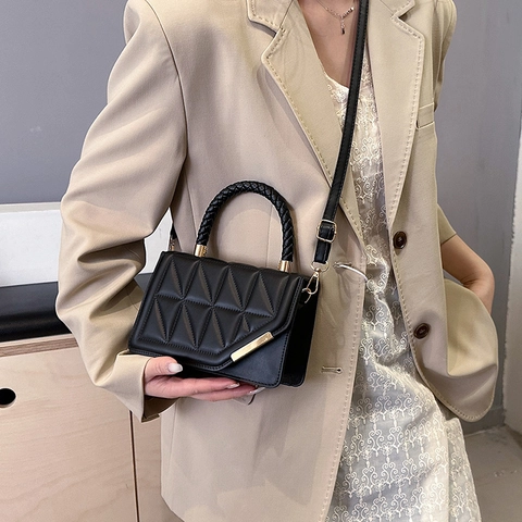 Bolso Cuadrado Pequeño de Cuero PU Minimalista Urbano para Mujer con Diseño Geométrico Acolchado y Asa Tejida Bolso de Hombro