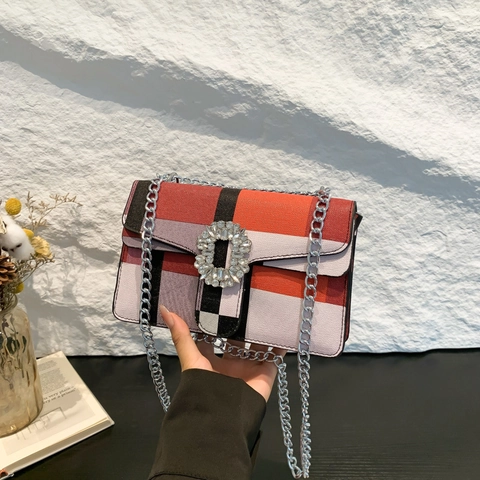 Petit Sac Carré Patchwork Mode pour Femmes Luxe Léger Boucle en Strass Chaîne en Métal Sac à Épaule Bandoulière en Cuir PU