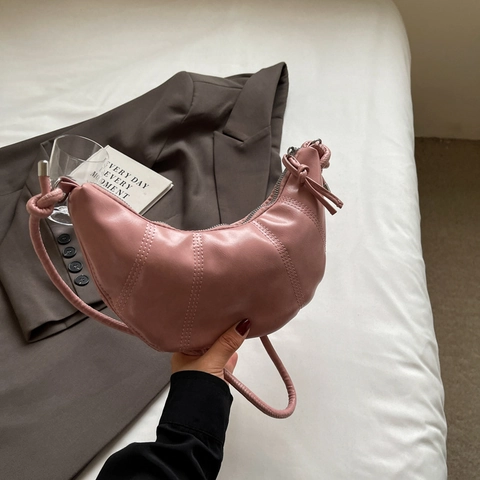 Women Minimalist PU Leather Crescent Hobo Shoulder Bag Knotted Strap Ruched Stitching Slouchy Crossbody Dumpling Bag