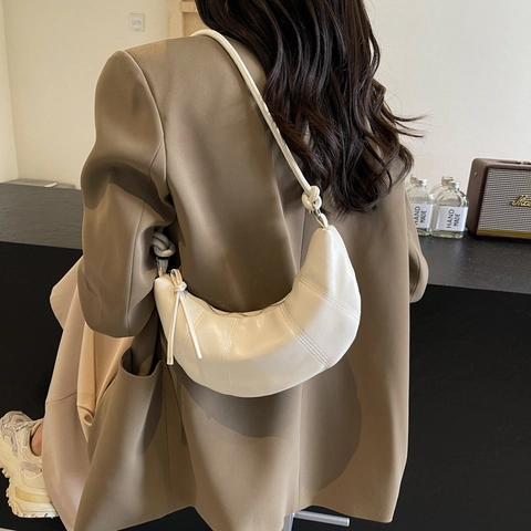 Women Minimalist PU Leather Crescent Hobo Shoulder Bag Knotted Strap Ruched Stitching Slouchy Crossbody Dumpling Bag