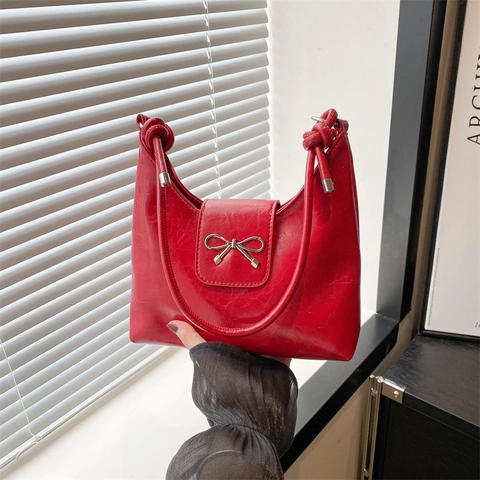 Large Capacity PU Leather Bow Tote Bag For Women Fashion Urban Simple Underarm Shoulder Crossbody Bag With Knotted Strap Daily Purse