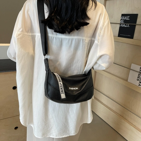 Borsa Dumpling da Donna in Pelle PU Motivo Litchi Borsa a Spalla a Mezzaluna Con Tracolla Larga a Lettere Regolabile