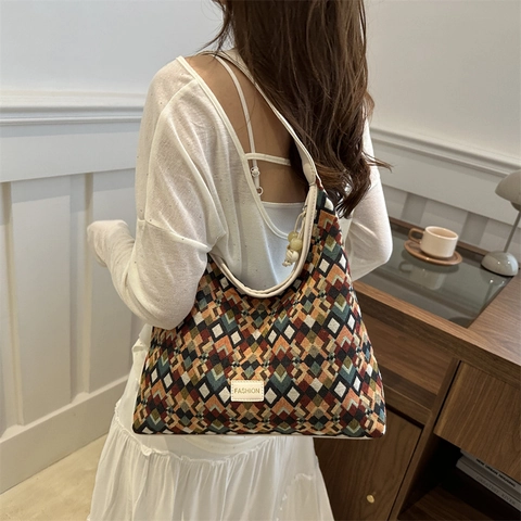 Women Fashion Geometric Pattern Nylon Shoulder Bag Large Capacity Retro Printed Tote Bag With Bead Charm Urban Daily Commuter Handbag