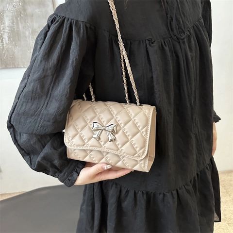 Moda Mujer Acolchado Lazo Bolso de Hombro Rombo Cadena Bolso Bandolera Cuero PU Pequeño Bolso Cuadrado Bolso de Axila