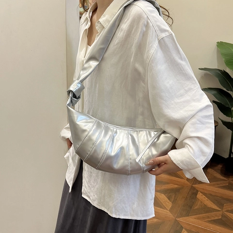Borsa a Tracolla in Pelle PU Croissant Vintage Minimalista per Donna Grande Capacità Borsa a Mezzaluna con Spallina Annodata