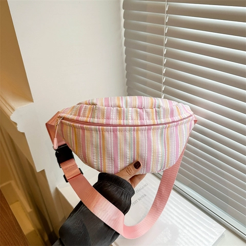 Bolso de Pecho de Nailon a Rayas para Mujer Informal Bloque de Color Bolso de Hombro Estudiante Riñonera Correa Ajustable Ligera