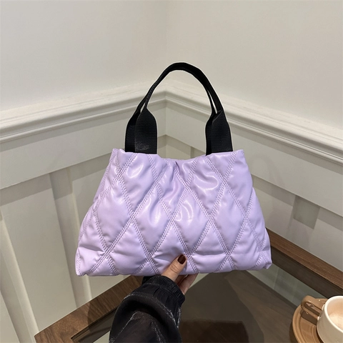 Bolso Tote de Algodón Acolchado de Gran Capacidad para Mujer Patrón de Diamantes Moda Bolso de Hombro Ligero Color Sólido Bolso Casual