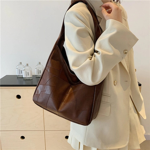 Damen Große Kapazität PU Leder Umhängetasche Tote Bag Geometrisches Patchwork Nähte Casual Pendler Handtasche Mode Hobo Tasche