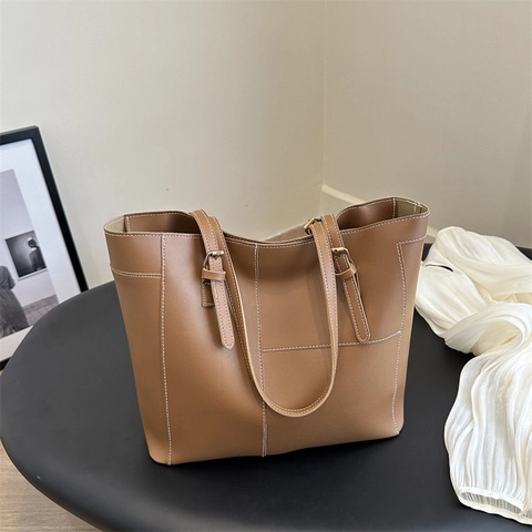 Sac Fourre-Tout Femme en Cuir PU Grande Capacité Sac à Épaule Minimaliste Rétro Avec Bandoulière Réglable Couture Contrastée