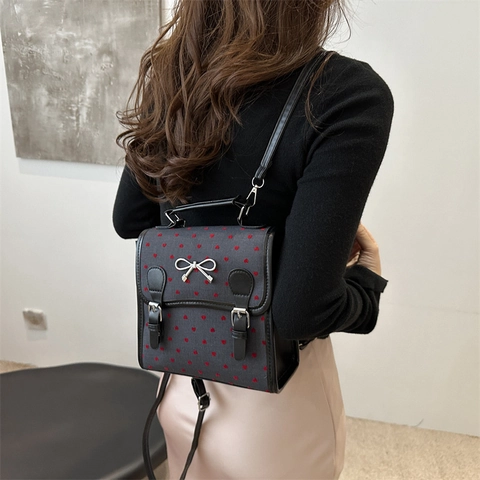 Zainetto Mini in Stile Preppy da Donna con Pois e Cuori Fiocco Dolce Pelle PU Borsa a Mano Piccola da Viaggio per Signora