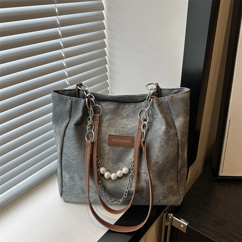Bolso de Mano de PU para Mujer Gran Capacidad Con Decoración de Cadena de Perla Artificial Textura Lavada Vintage Bolso de Hombro