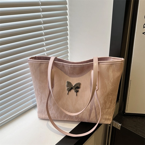 Bolso Tote de Gran Capacidad Con Mariposa Metálica de Cuero PU Arrugado Bolso de Hombro Casual de Color Sólido para Mujer