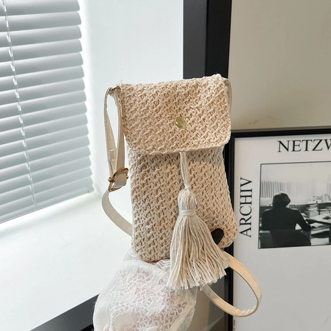 Summer Bohemian Straw Woven Phone Bag For Women Small Square Crossbody Shoulder Bag With Tassel Casual Beach Purse