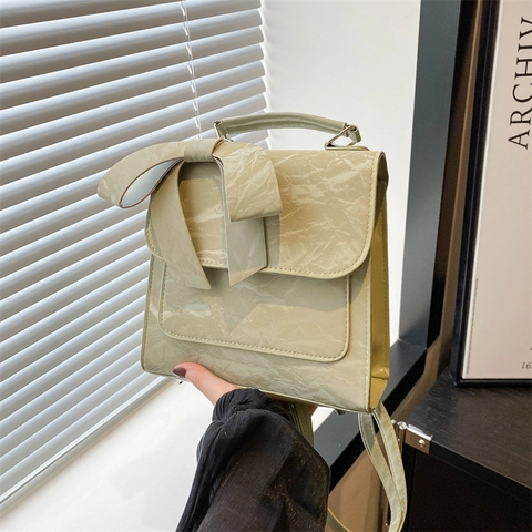 Fashionable PU Leather Mini Backpack With Large Bow Tie Decoration Crinkled Texture Casual Travel Handbag For Women