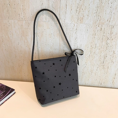 Borsa Tote Donna a Tracolla Stampata alla Moda Motivi a Cuore Pois e Stelle Borsa in Tessuto PU con Fiocco per Uso Quotidiano