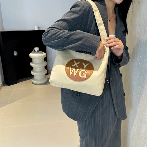 Women Large Capacity Canvas Tote Bag Simple Letter Print Shoulder Bag Minimalist Literary Daily Commuter Hobo Underarm Bag