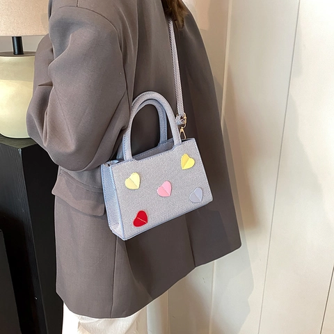 Women Fashion Heart Patch PU Leather Shoulder Crossbody Bag Minimalist Small Square Handbag With Top Handle Commute Messenger Bag