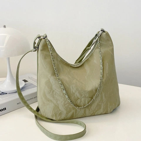 Borsa a Tracolla da Donna in Pelle PU a Pieghe Tinta Unita Grande Borsa Tote Con Catena Moda Hobo Crossbody Bag Pendolare