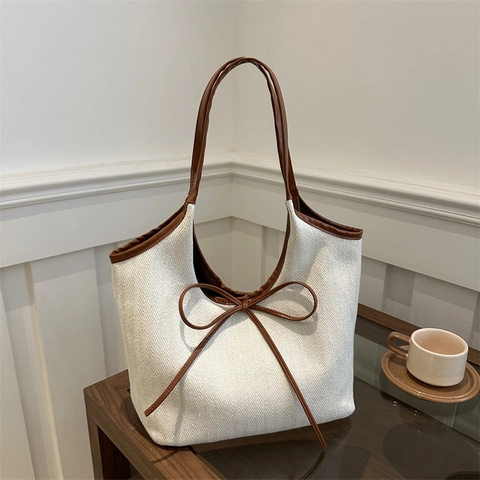 Borsa Tote a Spalla in Nylon da Donna Grande Capacità Con Motivo a Spina di Pesce e Fiocco in Pelle PU Moda Pendolare
