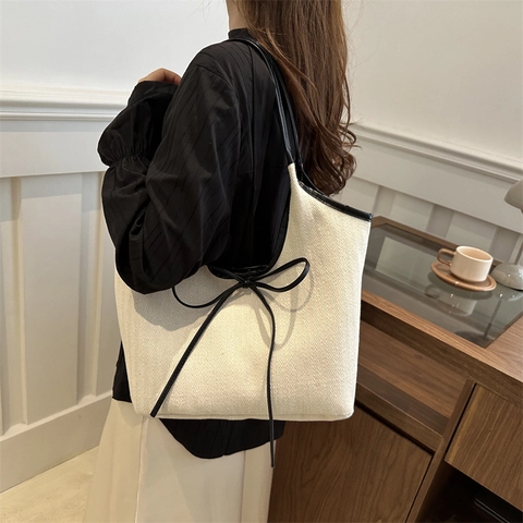 Borsa Tote a Spalla in Nylon da Donna Grande Capacità Con Motivo a Spina di Pesce e Fiocco in Pelle PU Moda Pendolare
