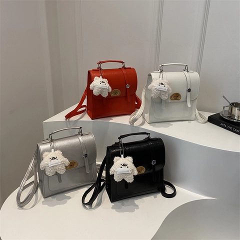Women Vintage Mini Backpack PU Leather Top Handle Bag With Cute Plush Pendant Solid Color Shoulder Bag Daily Fashion Travel Backpack