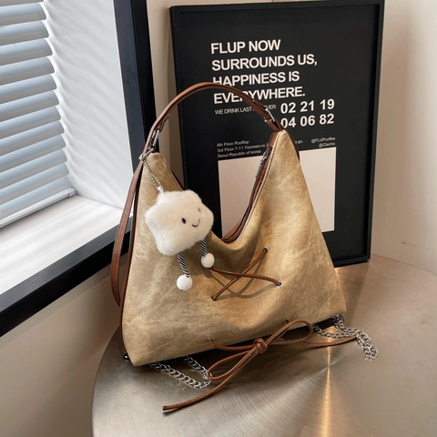 Women Vintage Washed Denim Hobo Shoulder Bag Large Capacity Daily Commuter Tote Bag With Bow And Criss-cross Lacing Decoration