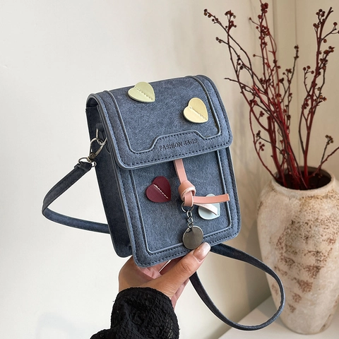 Cute Heart Decoration PU Leather Small Crossbody Phone Bag For Women Girly Fashion Shoulder Bag With Metal Pendant