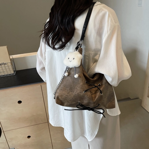 Women Vintage Washed Denim Hobo Shoulder Bag Large Capacity Daily Commuter Tote Bag With Bow And Criss-cross Lacing Decoration